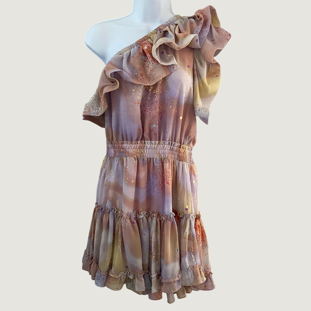 Buddy Love Sofia One Shoulder Ruffle Cocktail Mini Dress M Pastel Tie Dye Fairy